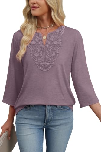 Image of WIHOLL 3 /4 Length Sleeve Womens Tops Boho V Neck Lace Shirt Trendy Blouses Dressy Casual Vacation Clothes S-3XL