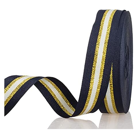ATRBB 24 Yards 1 Inch Navy/Gold/White Stripe Grosgrain Ribbon Double Face Polyester Colorful Ribbon for Crafts DIY Gift Package Wrapping Cover
