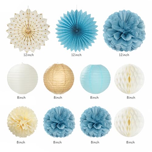 Image of Light-Dusty Blue Beige-Champagne Women Birthday-Decorations - 21pcs Boho Neutral Happy Banner Garland,Paper Streamers Lanterns,Flower Tissue Pom Poms Fan Supplies,Wall Backdrop Party Decor Huglony