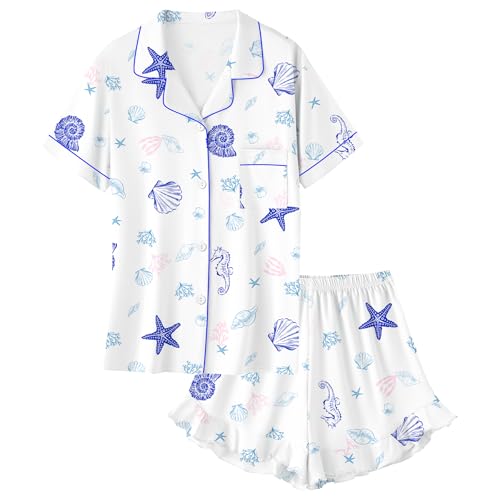 Umeyda - Umeyda Girls's Pajama Set Short Sleeve Button Down Pjs Set Sleepwear, Conches Shells, 11-12 Years