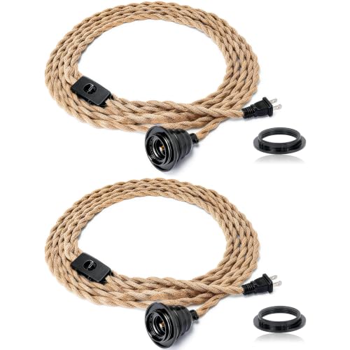 FRIDEKO HOME Farmhouse 15ft Pendant Lights - Hanging Lights with Plug in Cord Hemp Rope Pendant Lights Rustic Hanging Lamps that Plug into Wall Outlet for Kitchen Island Bedroom DIY Decor - 2 Pack