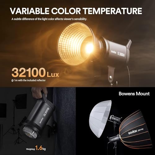 Image of Godox SL100Bi 100W Bi-Color LED Video Light - 32,100 Lux@1M, 2800K-6500K, CRI 96+, TLCI 97+, Bowens Mount, 11 FX, App & Remote Control, Silent Studio Bright Lighting for Video & Photography