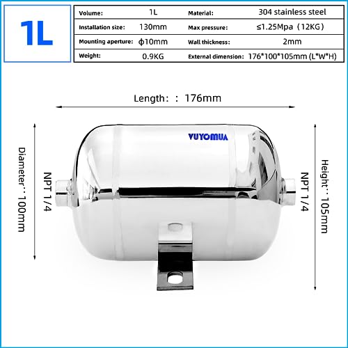 Image of 1 /4 inch NPT Air Compressors 0.3 Gallon Stainless Steel Portable Air Compressor Max 180PSI Air Reservoir Water Storage Tank for Truck, Car, Air Horn, Inflating Tires, Air Ride