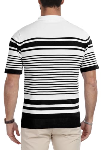 KUYIGO Men's Knit Collared Polo Shirts Short Sleeve Zipper Striped Tops Classic Fit Casual Soft T-Shirt4