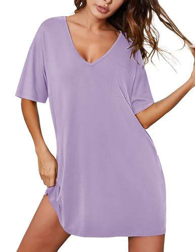 Ekouaer Nightgown for Women Bamboo Viscose Sleepshirt short sleeve Nightshirt V Neck T shirt Night gown Boyfriend Sleepwear Light Purple