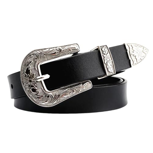 Women's Vintage Western Tooled Design | Adjustable Black Waist Belt for Jeans, Pants, Dresses with Solid Pin Buckle
