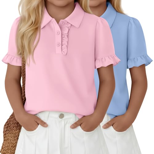 JoyMotion 2 Pack Girls' Ruffle Polo Shirts Puff Short Sleeve School Uniform Shirts Cute Summer Collared Tops 5-14 Years(5-6 Years,Light Pink, Light Blue)
