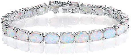 GEMSME 18K White Gold Plated 6x8 Oval Opal Tennis Bracelet for Women