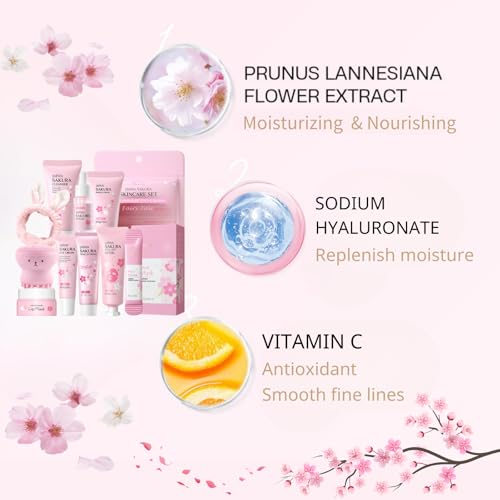 Evolvique Japan Sakura Skin Care Set for Teen Girls - Evolvique Skin Care for Teens 10-12 - Skincare for Girls 10-12 - Skin Care Kit Gift Set for Women with Cleanser,Serum,Cream(One Size, 8PCS Sakura Scent)