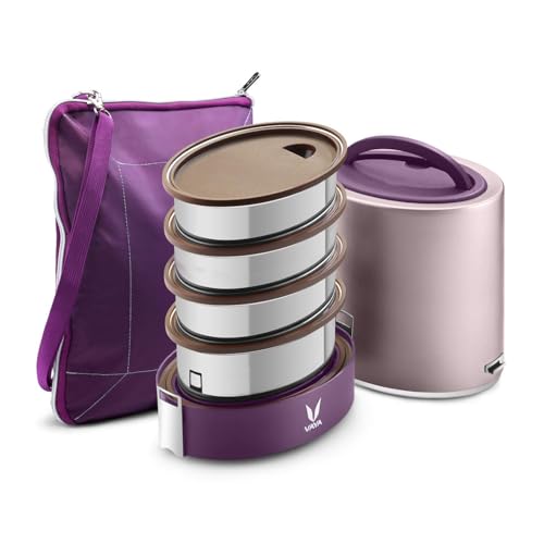 Image of VAYA Office Lunch Combo - TYFFYN Jumbo 1300ml Vacuum Insulated Lunch Box with 4 Stainless Steel Containers with Bagmat Lunch Bag with Sling, Leakproof, Hot Food Retention, Purple