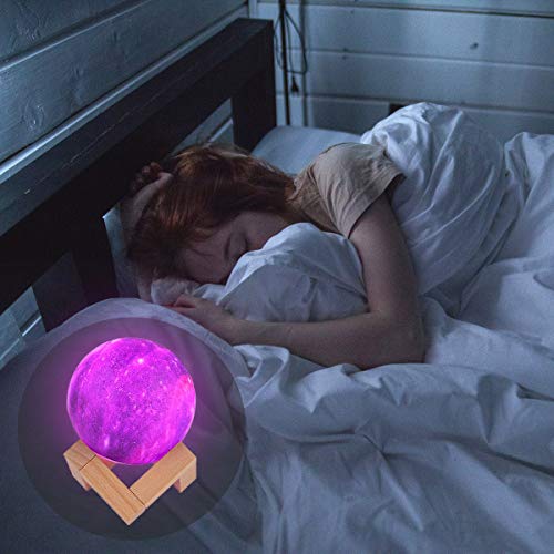 Lâmpada LED Starry Night Light 3D Moon com suporte de madeira (controle remoto, 16 cores)