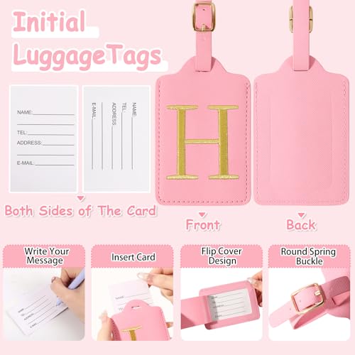 Image of Initial Luggage Tags for Suitcases, Cute Embroidered Letter Luggage Bag Suitcase Identifier Name Baggage Tag, PU Leather Travel Luggage Tags, Bag Tags for Men Women Kids Luggage Handbags(Pink H)