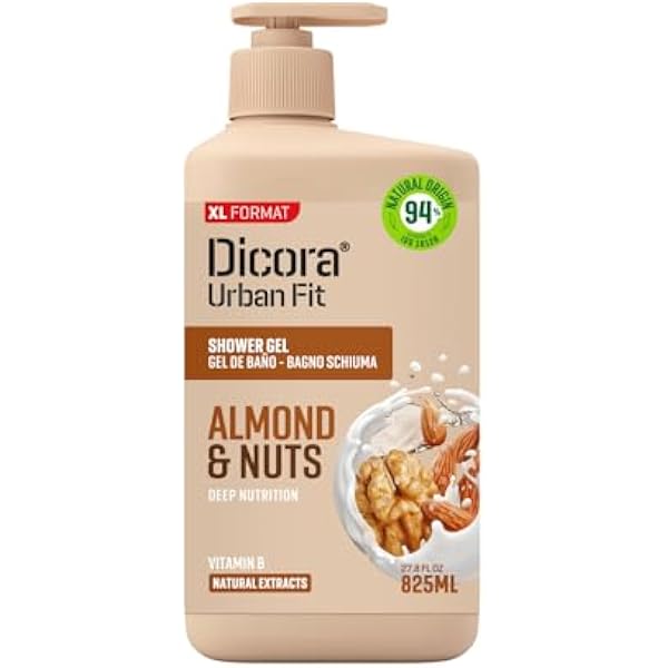 Dicora Urban Fit żel pod prysznic z witaminą B migdałami i orzechami włoskimi, odżywczy i nawilżający żel pod prysznic, naturalne ekstrakty, rozmiar 825 ml