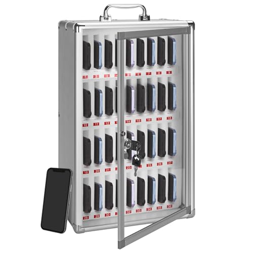 36-Slot Cell Phone Locker with Lock & Key, Heavy Duty Aluminum Acrylic Cell Phone Lock Box, Wall Mount Phone Locker Secure, Phone Jail for Classroom O