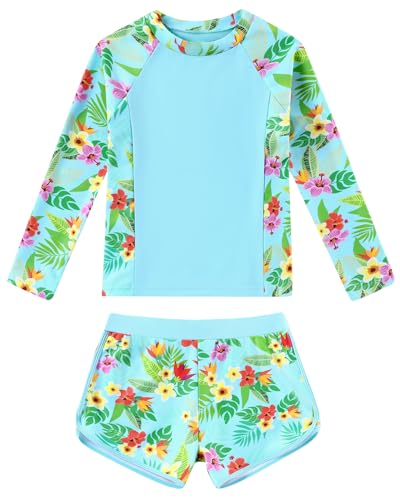 Image of Girls Rash Guard Long Sleeve Swimsuit 2 Piece Bathing Suit UPF 50+ Summer Beach Swimwear for Girl 5-14 Years