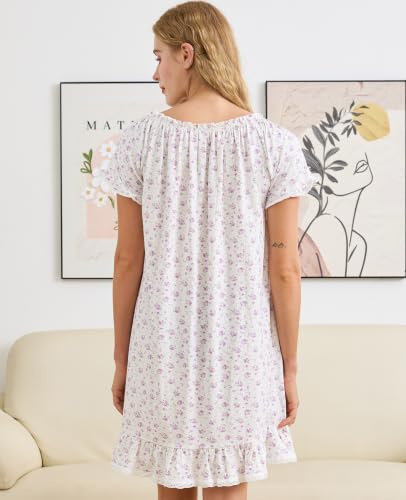 Image of Nanxson Women's Cotton Nightgown Short Sleeve Sleepwear Vintage Nightshirt | Summer Victorian Sleepdress,White Sleepshirt,U Neck Lace Loungewear,Soft Nightshirt,Loose Loungedress,Bride Nightwear