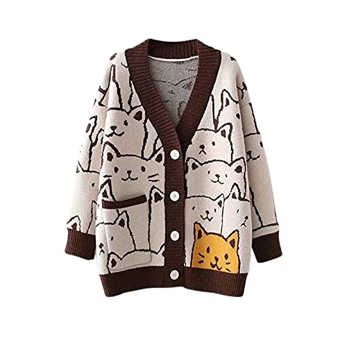 Las mujeres lindo suéter de punto Cardigan manga larga cuello en V botón abajo ropa de abrigo Kawaii dibujos animados gato impreso Jumper Knitwear Coat, café, Talla única Cover