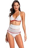 MUXILOVE Damen Mesh Streifen Hohe Taille Bikini Set Pom Pom Quaste Trim Top Halter Träger Badeanzug (FBA) - - Small