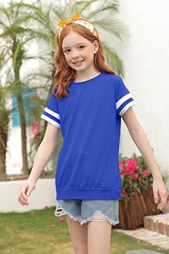 Ebifin Girls Casual Short/Long Sleeve T Shirts Kids Loose Soft Striped Color Block Tunic Tops, Tees Blouses Size 4-15 Years A-Blue #TOP2