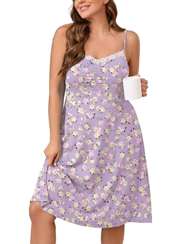 AusLook Plus Size Women's Nightgown Yellow Pink Roses 1X Spaghetti Strap Sleepwear Soft Sleeveless Lace V Neck Cami Sleep Dress