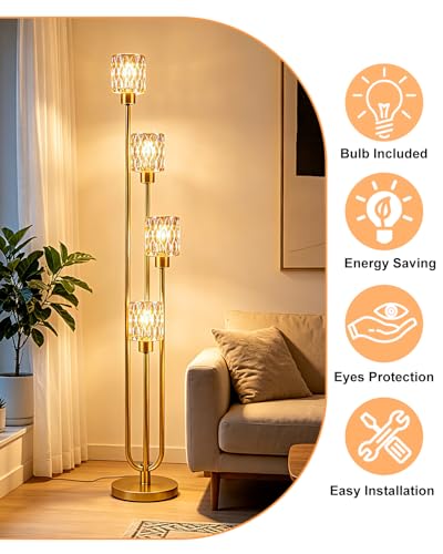 Image of Vintage 4-Light Amber Glass Floor Lamp, Dimmable Gold Standing Tall Lamp for Reading, Mid Century Modern Floor Lamp for Living Room Bedroom Home Office Corner Decor, Bulb Included