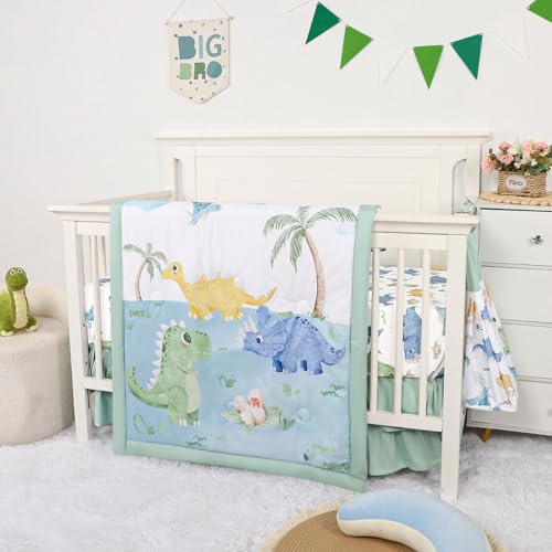 Image of TANOFAR 4-Piece Crib Bedding Set for Baby Boys, Blue Dinosaur Nursery Bedding Set Includes Comforter, Fitted Crib Sheet, Crib Skirt, and Diaper Stacker, Dinosaur