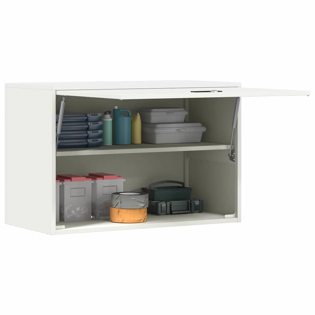 Armario de pared para garaje con puerta de elevación a gas de acero recubierto de polvo blanco, 40 x 80 x 53 cm, con cerradura para colgar en la pared, con espacio de almacenamiento y