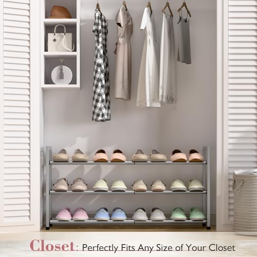 Image of Bumusty 3-Tier Expandable Shoe Rack for Closet, 18 inch-33 inch Adjustable Shoe Rack for Small Space, Small Shoe Organizer for Front Door, Sturdy Metal, Light Grey