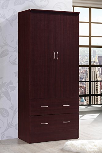 Hodedah Two Door Wardrobe, with Two Drawers, and Hanging Rod, Mahogany