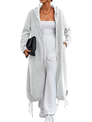Ebifin Women's Oversized Full Zip Sweatshirts Drop Shoulder Hoodies Drawstring Long Jackets With Pockets Grey