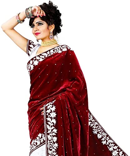 Image of Women's Velvet and Brasso Half-Half Saree with Blouse Piece