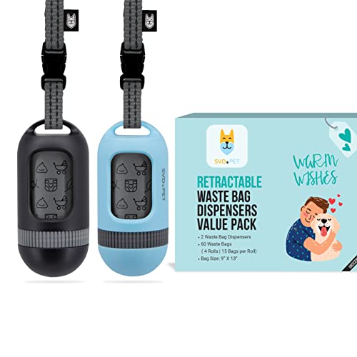 Image of SVD.PET [2-Pack] Retractable Waste Bag Dispensers Gift Set, 2 Pet Waste Bag Holders with 60 large Waste Bags, Dog Walking Accessory Gift Value Pack (Black & Columbia Blue)