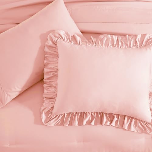 Image of King Size Comforter Set Rosewater Ruffle 7 Pieces Farmhouse Bed in a Bag | Shabby Chic Fluffy All Season Bedding Sets with Sheets, Pillowcases & Shams