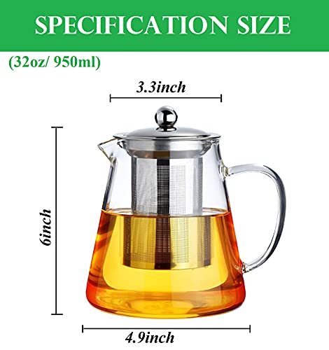 Mini Size Glass Teapot Tea Kettle-with Stainless Steel Removable Infuser for Blooming Tea & Loose Leaf Tea, Microwave & Stovetop Safe, 950ML/32oz (L-950)