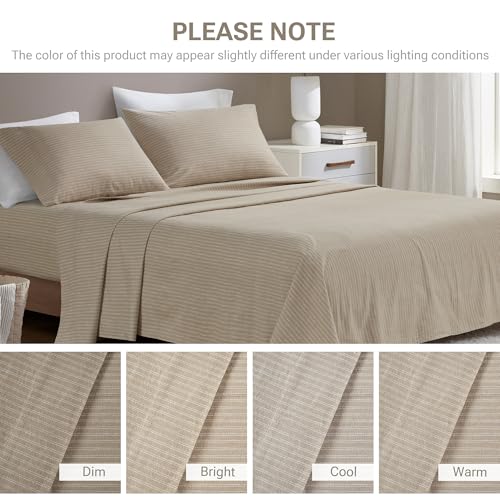 Image of Sleep Philosophy True North Flannel Sheets Cal King, Cozy 100% Cotton Flannel Bed Sheets, Ultra Soft Cute Sheet Set, Novelty Print Themed Cold Weather Warm Bedding Set, Beige White Stripes, 4 Piece