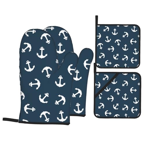 Juego de 4 Manoplas y agarraderas para Horno con Anclas náuticas Azul Marino. Apto para barbacoas, repostería, Cocina y microondas.