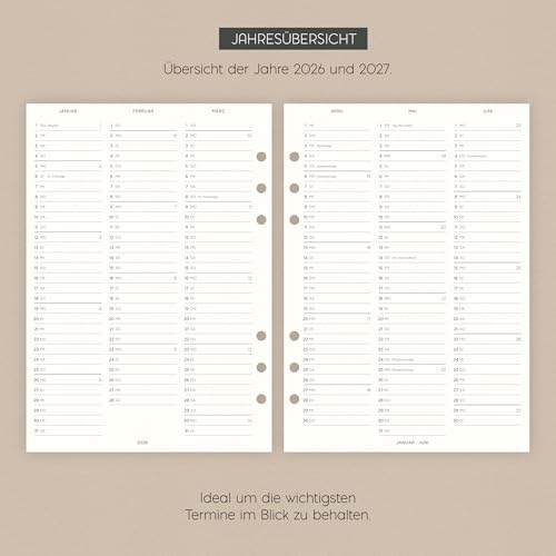 Kalendereinlagen 2026 | 1Woche2Seiten | DIN A5, 120g Naturweiß-Papier | für Ringbuch Organizer | Design Focus