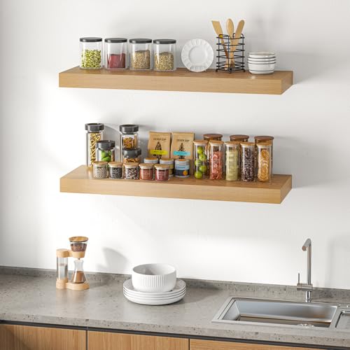 Image of Dreamland 40 inch Floating Shelves for Wall, 12 inch Deep Thicker Oak Floating Shelves, Wall-Mounted Shelves for Bedroom, Living Room, Kitchen, Bathroom - Set of 2
