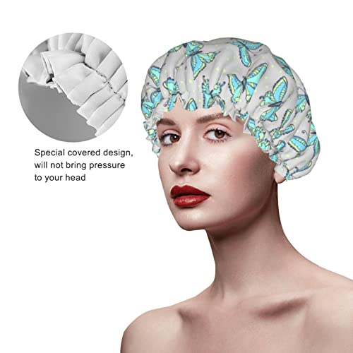 Blue Butterflies Fashion Grey Shower Cap Women Waterproof Reusable Peva Lining Adjustable Elasticized Hem For All Long Hair Bath Hat #TOP3