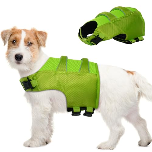 Hjumarayan Chaleco Salvavidas Perro, Ripstop Flotador Perro con Asa de Rescate Chaleco Flotador Perro Reflectante Flotador Perro de Flotabilidad Fuerte Flotador Perro Pequeño Mediano (Verde S)