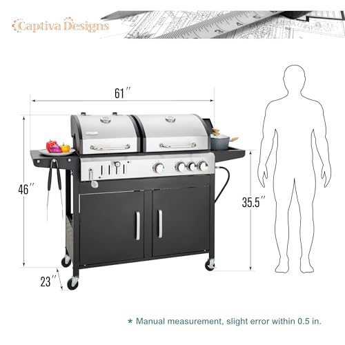 Image of Captiva Designs Propane Gas and Charcoal Grill Combo with Side Burner & Porcelain-Enameled Cast Iron Grate, Dual Fuel BBQ Grill for Outdoor Events & Backyard Barbecue, 690 SQIN Cooking Area