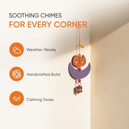 Image of Aakriti Art Creations Cute Kitty Wind Chime Multicolor | Handmade Wooden & Metal Windchimes for Home | Decorative Wind Chimes for Balcony, Garden, Living Room | Feng Shui Wind Chime Decor