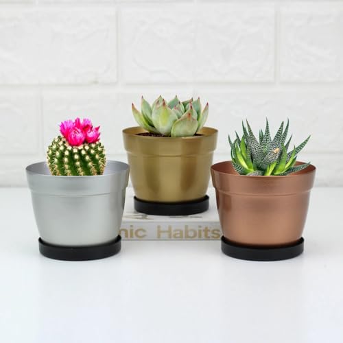 CHIC DECOR Metal Planters with Drain Plate | Cute Small Planters | Flower Pots for Home, Office, Balcony & Tabletop | Stylish Indoor Plant Pots fo Small Plants-Set of 3