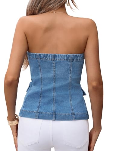 Cicy Bell Womens Strapless Denim Vest Summer Button Down Jean Tube Tops Y2k Going Out Fitted Bandeau Shirts Waistcoat3