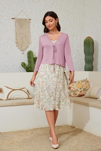 Image of Tie Front Cropped Cardigan Sweaters for Women 3 /4 Sleeve Lightweight Open Front Knit Shrug Top for Dress