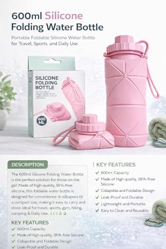 Image of 600ml Pink Collapsible Silicone Water Bottle - BPA-Free Foldable Travel Mug