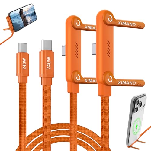 XIMAND Invisible Holder Charger Cable, 240W Fast Charging Cord, USB-C to USB-C Cable 1.5 M/4.9 FT with 360° Adjustable Metal Stand, 2 in 1 Holder Charger for Gaming, Office, Home, 2 PACK, Orange
