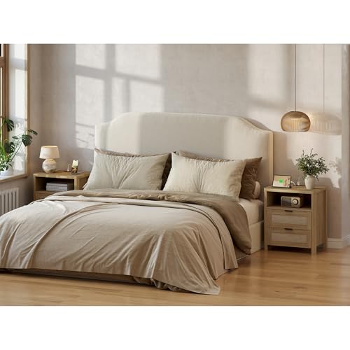 Image of Boho Nightstand Set of 2 with Charging Station, Bedside Table with Drawer & Open Storage Shelf, Mid-Century Modern End Table Rattan, Accent Side Table with Rounded Corners for Bedroom Living Room