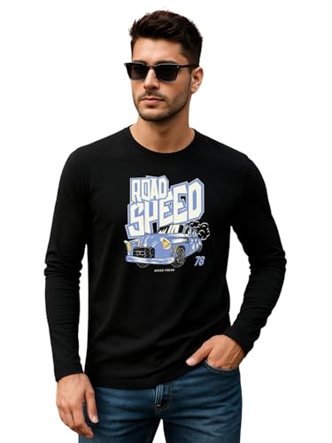 Image of Veirdo Pure Cotton Round Neck Regular Fit Graphic Printed Full Sleeve T-Shirt for Men (Colors- Red, Navy, Black, Swanwhite & White) Sizes: S to 2XL