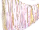 Fabric ribbon garlands with Tassel Garland already assembled ribbon hanging decoration for Baby shower, Weddings, Birthday, Anniversary, Graduation Party decoration Supplies Pink,White and Gold